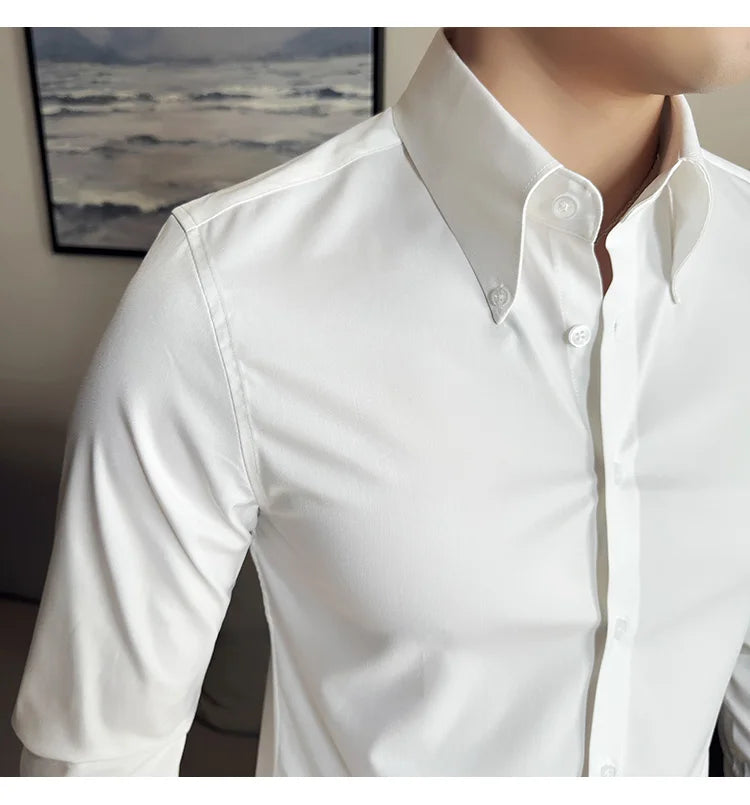 High Quality Versatile Business Casual Shirt Men Korean Fashion Long Sleeved Slim Fit Shirt Office Work Uniform Men Clothing 6XL Good Vibrations