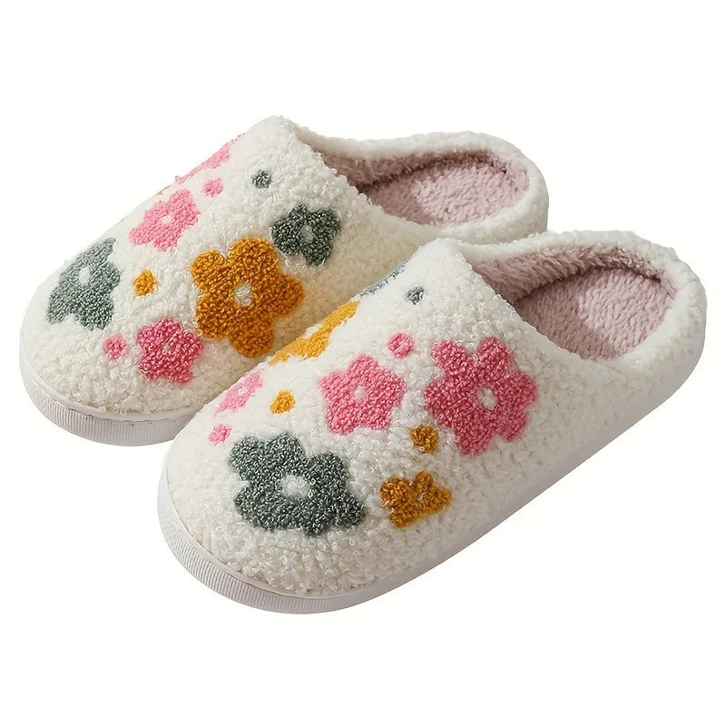 Women's Lovely Pretty Bow Flowers Slippers Men Cartoon Soft Warm Sandals Females Cute Plush Cotton Flat Slides For Autumn Winter Good Vibrations