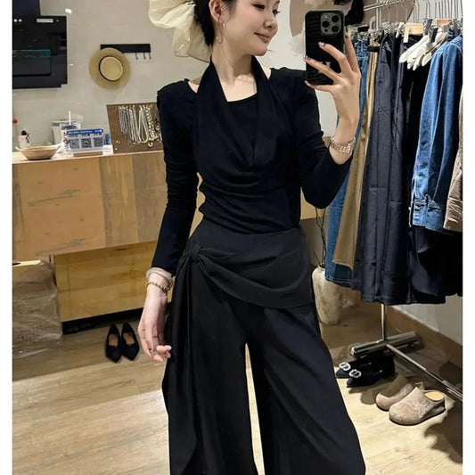 Women's 2-Piece Set: Wrap-Front Long-Sleeve Top Wide-Leg Pants Good Vibrations