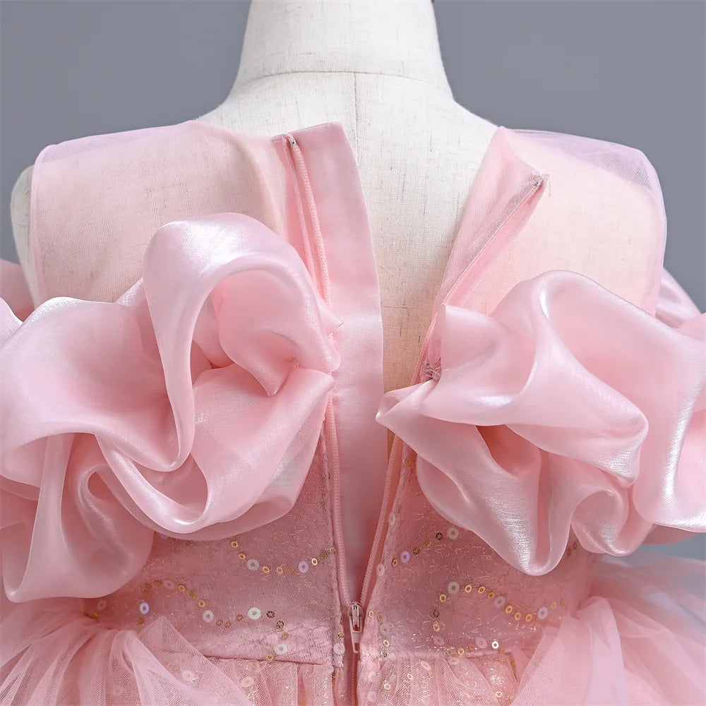 New Girl's Wedding Evening Dress Petal Sequin Mesh Sleeveless Dress Birthday Party School Graduation Party Dress Good Vibrations