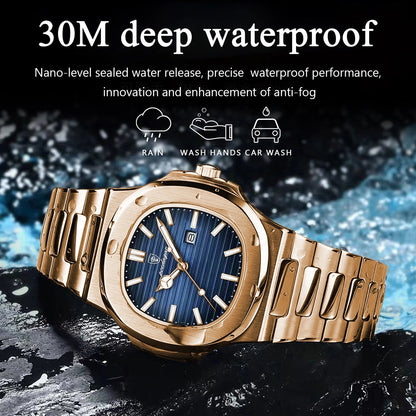 POEDAGAR Top Classic Men Wristwatch Waterproof Luminous Date Square Watch For Man Stainless Steel Sport Men's Quartz Watches+Box Good Vibrations
