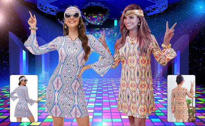 Disfraz 70s Women Disco Dress Hippie Costumes Necklace Earrings Glasses, 60's 70's Birthday Outfits, 1970s Prom Bling Dress Good Vibrations