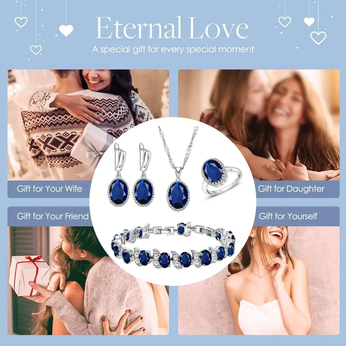 LMFAELECA 925 Silver Women Jewelry Sets Blue Sapphire Earrings Necklace Ring Bracelets Set Gift for Mom/Wife/Sister/Best Friend Good Vibrations