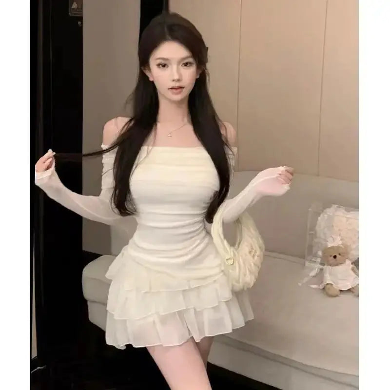 cold-shoulder Tops Mini Cake Skirt Suit Slim Kawaii Y2k Clothes GOOD Vibrations