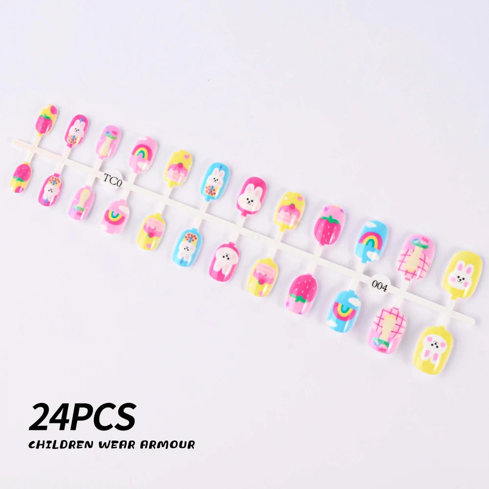 24Pcs/Strip Pink Detachable Child False Nails Tip Kawaii Cartoon Strawberry Acrylic Artificial Full Cover Press On Nail for Girl Good Vibrations