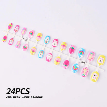 24Pcs/Strip Pink Detachable Child False Nails Tip Kawaii Cartoon Strawberry Acrylic Artificial Full Cover Press On Nail for Girl Good Vibrations