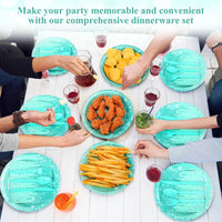 25PCS Paper Disposable Tableware Set Blue Green Glitter Plates Napkins & Cups for Ladies Birthday, Anniversary & Wedding Party Good Vibrations