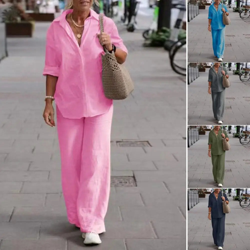 Two-piece Set Women Summer Suit Plus Size Cotton Linen Single-breasted Shirt Trousers Casual Top Wide Leg Pants Loose Outfits Good Vibrations