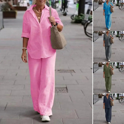 Two-piece Set Women Summer Suit Plus Size Cotton Linen Single-breasted Shirt Trousers Casual Top Wide Leg Pants Loose Outfits Good Vibrations