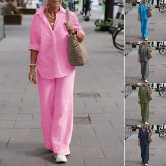 Two-piece Set Women Summer Suit Plus Size Cotton Linen Single-breasted Shirt Trousers Casual Top Wide Leg Pants Loose Outfits Good Vibrations
