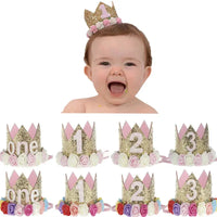 Baby Birthday Decoration Girl 1 2 3 Years Crown Hat Pink White Flower Sequins Crown 1st birthday Photo Prop Happy Birthday Gifts Good Vibrations