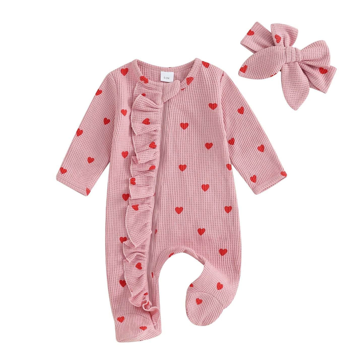 Pudcoco Baby Girls Valentines Day Foot Cover Jumpsuit Long Sleeve Crew Neck Heart Print Ruffle Zipper Footies with Headband 0-6M Good Vibrations