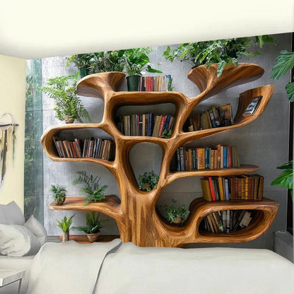 Tree Bookshelf Tapestry Multiple Sizes 2D Print Nordic Tree Plants Reading Theme Polyester Living Study Reading Nook Calm Good Vibrations