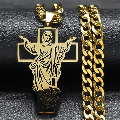 Hip Hop Punk Crown of Thorns Jesus Cross Necklace for Men Stainless Steel Gold Plated Crucifix Pendant Necklaces Jewelry N8052 Good Vibrations