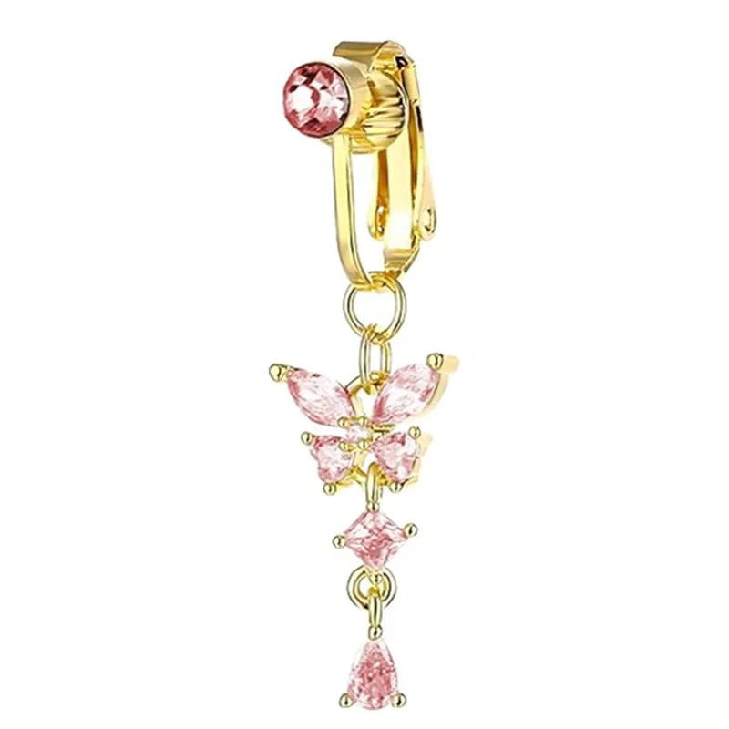 Clip On Belly Button Ring Butterfly Copper Zircon Pink Fake Belly Piercing Umbilical Navel Body Jewelry Trendy Fashion Style Good Vibrations Adult Super Store