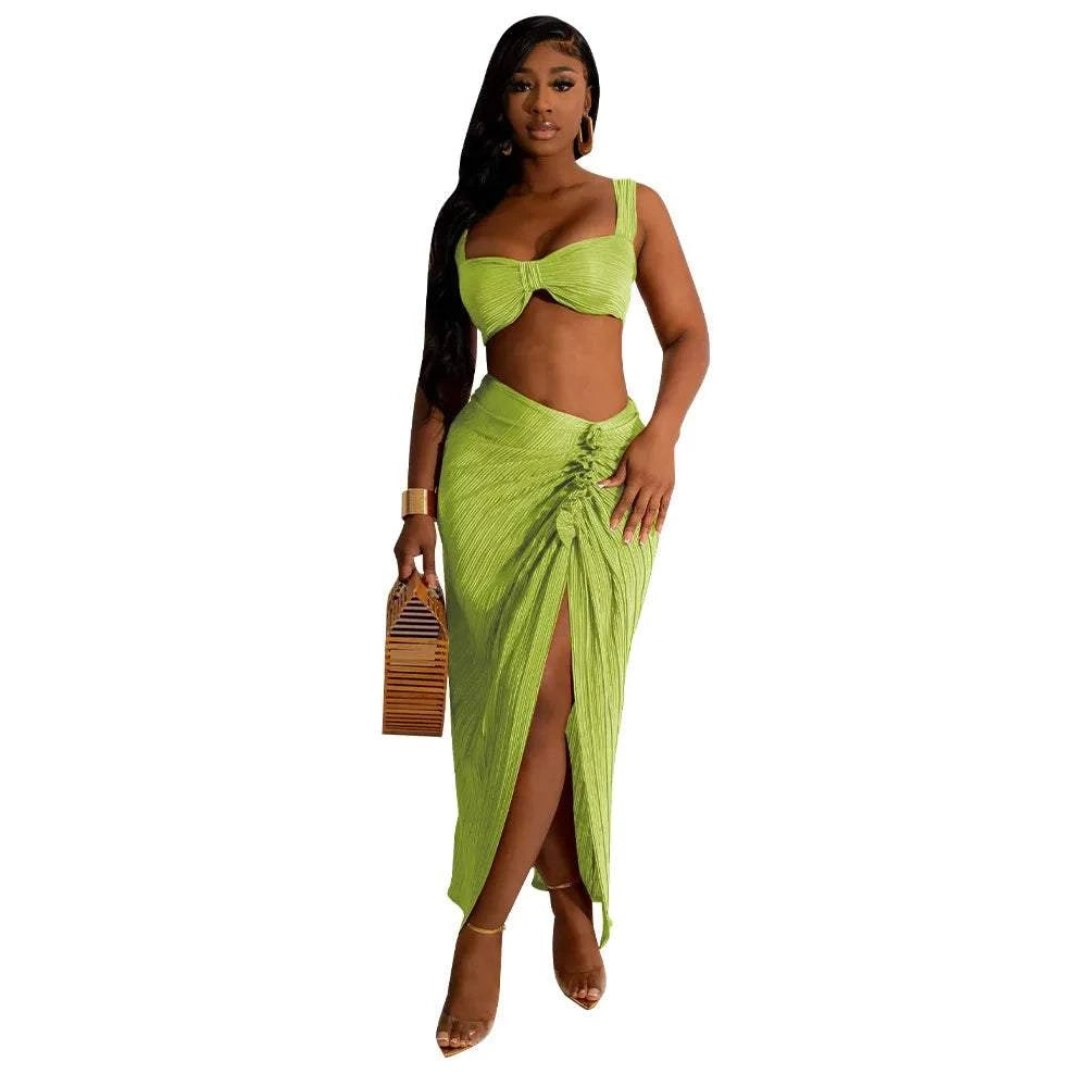 Summer two-piece green set, backless halter top, high waist side slit pleated skirt, lady streetwear.