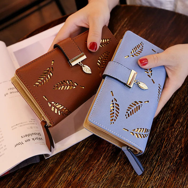 Women Wallet PU Leather Purse Female Long Wallet Gold Hollow Leaves Pouch Handbag For Women Coin Purse Card Holders Clutch Good Vibrations