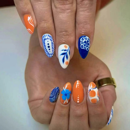 24pcs Cute Cartoon Fake Nail Tips Oil Painting Series Printed Almond Press On Nail Sweet Cool Charming False Nail For Spicy Girl Good Vibrations