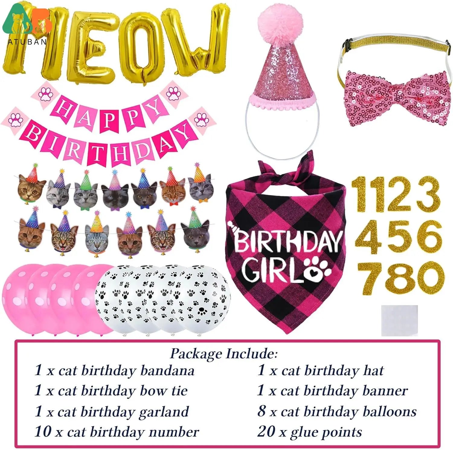 Cat Birthday Party Supplies,Cat Birthday Hat with Cat Birthday Bandana Bow Tie Collar Birthday Number Cat Birthday Decorations Good Vibrations
