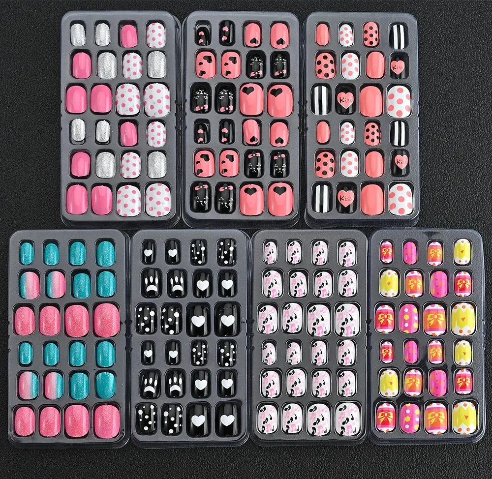 24 Pcs/box Children Cartoon Nail Tips Colorful Artificial Fake Nails for Cute Kids Girls Full Cover Short False Nail Art Kits* Good Vibrations