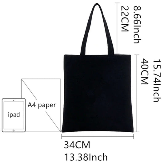 Kawaii Polly Pocket Shopping Bag Women Canvas Tote Bags Printing Eco Bag Cartoon Shopper Shoulder Bags Black Good Vibrations