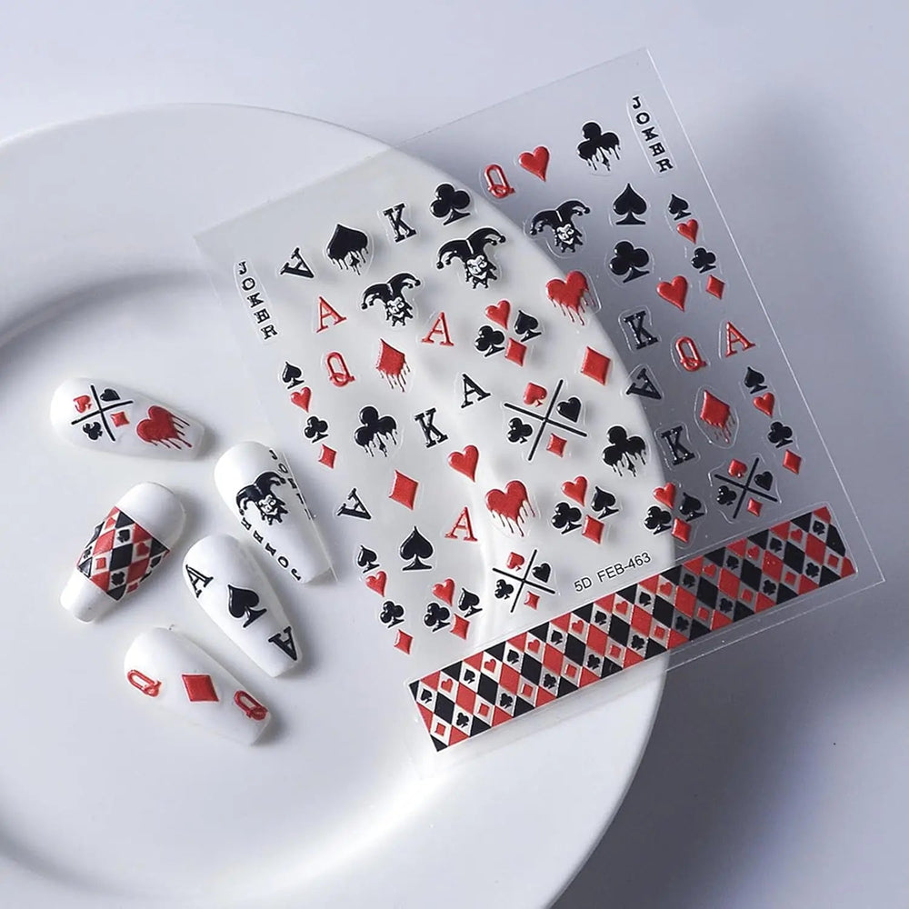 Poker Playing Card Nail Art Stickers 5D Embossed Nail Decoration DIY for Manicure Poker Suit Design Decals Self-Adhesive Supply Good Vibrations