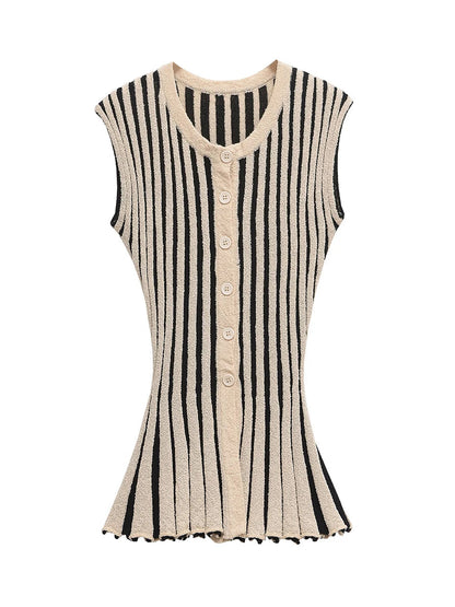 TWOTWINSTYLE Striped Loose Two Piece Set for Women O Neck Sleeveless Top High Waist Wide Leg Pants Casual Sets Female Sumemr New Good Vibrations