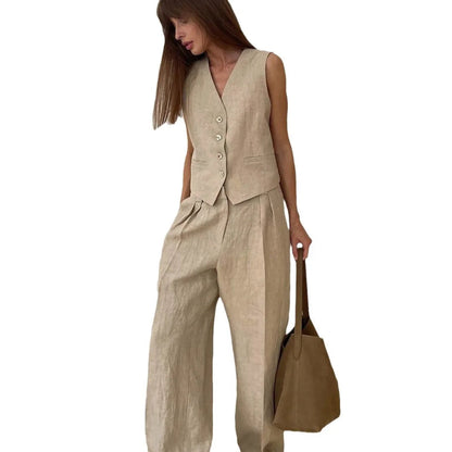 2025 New Women Linen Cotton Chic Vest ＆ Pants Suit Two-Piece Set Office Ladies Summer Chic 2 Piece Sets Women's Outfits Good Vibrations