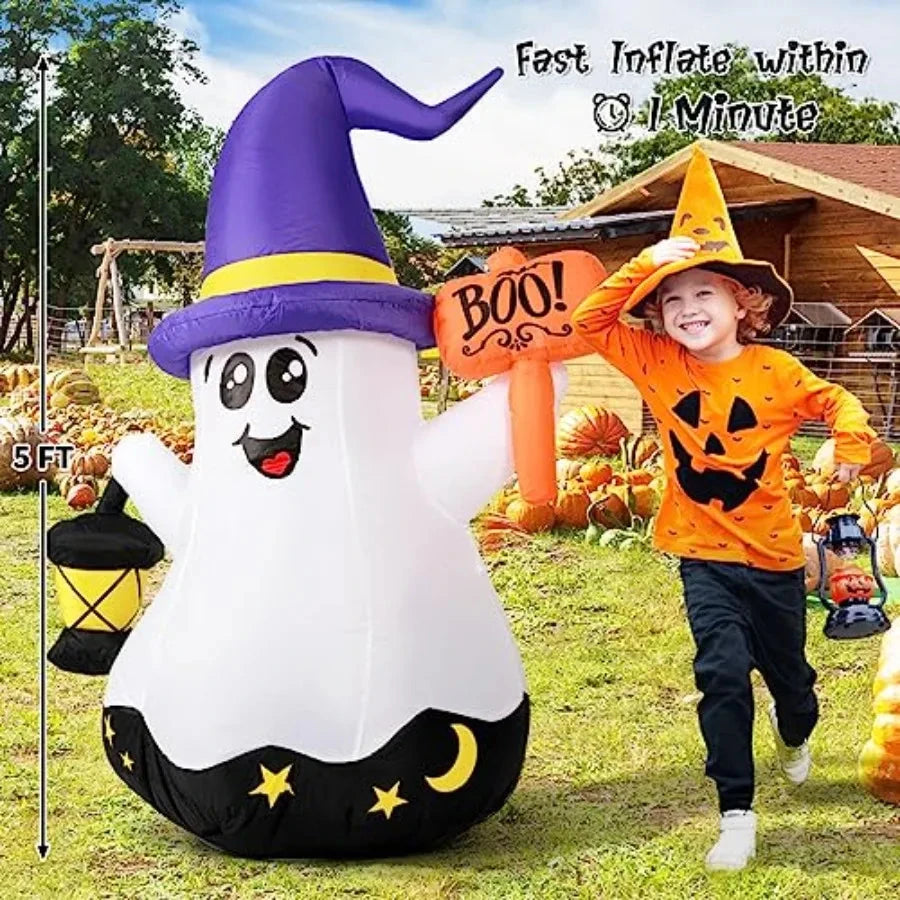 5 FT Halloween Inflatables Ghost Outdoor Decorations Blow Up Yard Cute Wizard Ghost with HandHeld Light and Builtin LEDs for Ga Good Vibrations