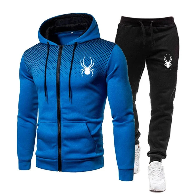2026 Spring Winter spider print zipper long-sleeved hoodie + stretch waist pants two-piece men's sports jogging fitness suit Good Vibrations