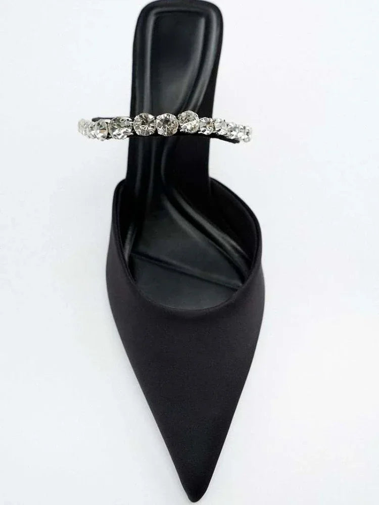 High Heel Sandals Summer 2022 New Pointed Toe Stiletto Black Sexy Ladies Sandals Rhinestone Sequins Big Size Slippers shoe woman Good Vibrations