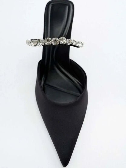 High Heel Sandals Summer 2022 New Pointed Toe Stiletto Black Sexy Ladies Sandals Rhinestone Sequins Big Size Slippers shoe woman Good Vibrations