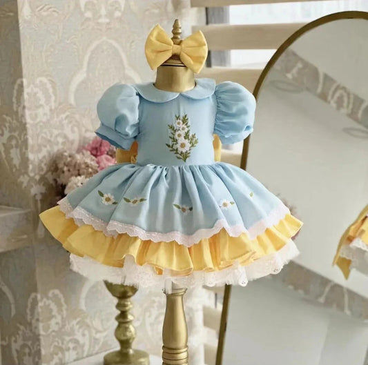 Baby Girl Summer Blue Yellow Daisy Embroidery Turkish Vintage Princess Dress for Birthday Holiday Easter Photography Eid B222 Good Vibrations