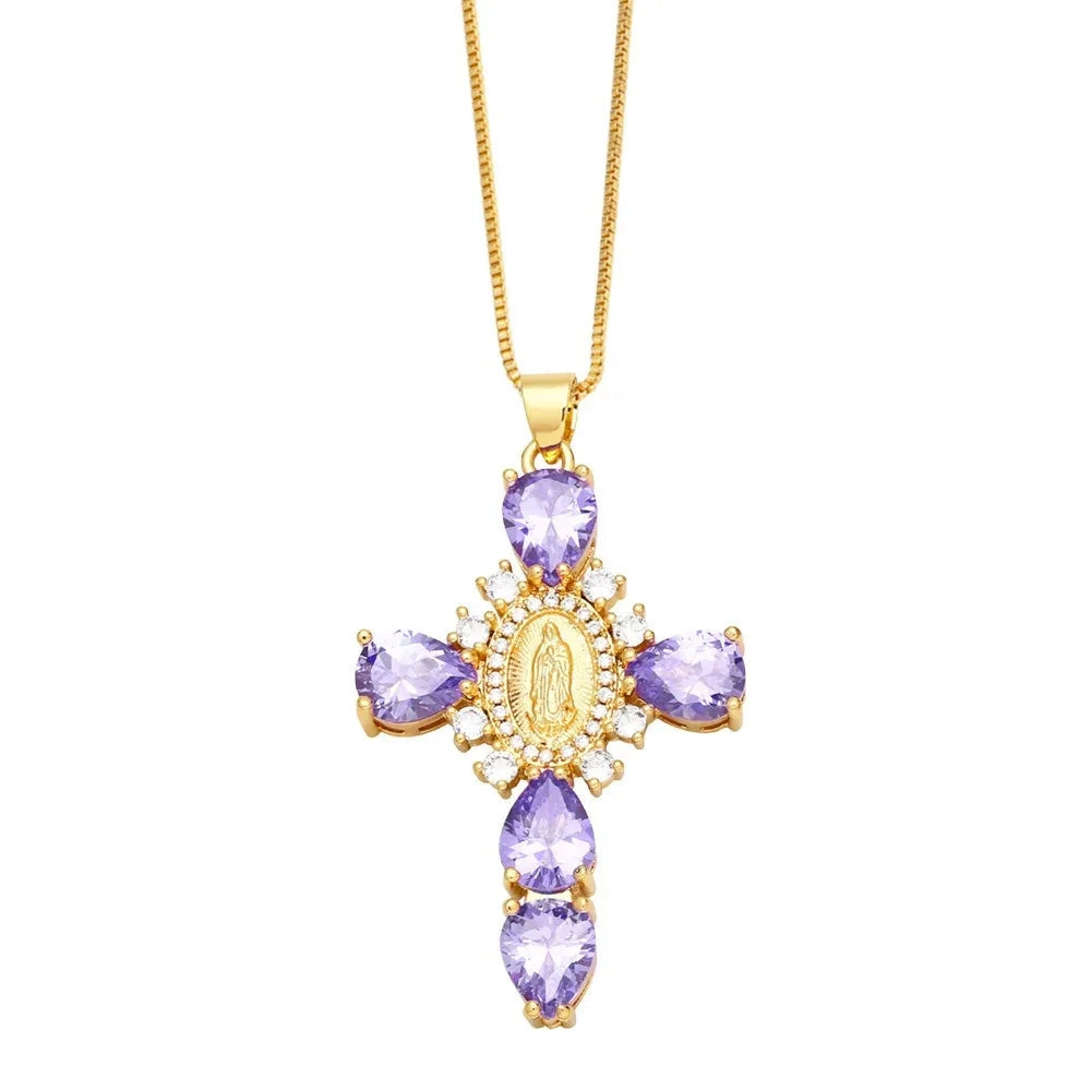 Retro European Style Zircon Cross Necklace Gilded Luxury Crystal Crucifix Necklace Religious Catholic Crucifix Pendant Chain Good Vibrations