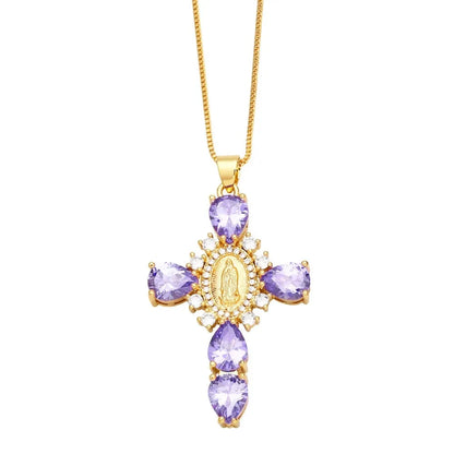 Retro European Style Zircon Cross Necklace Gilded Luxury Crystal Crucifix Necklace Religious Catholic Crucifix Pendant Chain Good Vibrations