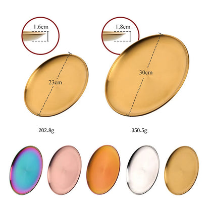 Stainless Steel Dinner Plates European Style Dessert Plate Kitchen Serving Dishes Salad Plate Cake Tray Western Steak Round Tray Good Vibrations