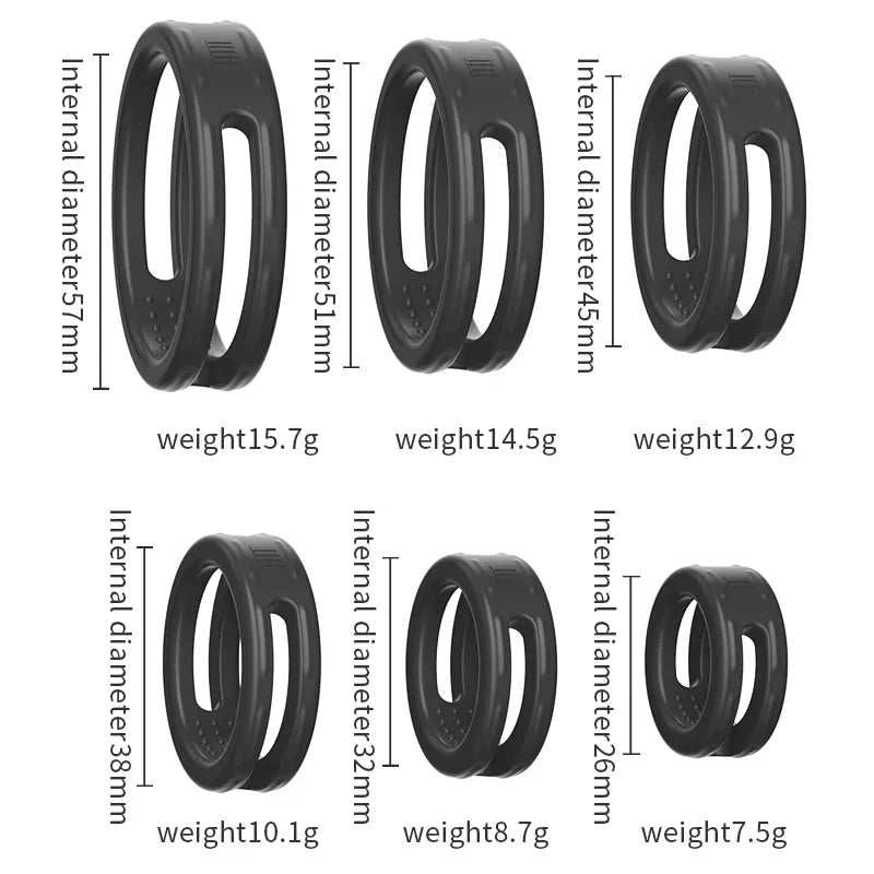 Semen lock ring male masturbator set with varying sizes and weights for delay ejaculation.
