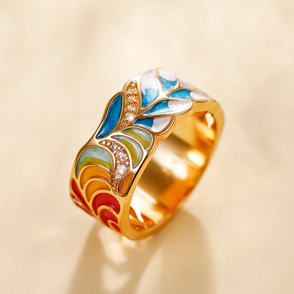 Green Leaf Enamel Handmade Oil Dropping Women's Ring Charm High Luxury Westernized  Prom Fancy Birthday Gift Fashion Jewelry Good Vibrations