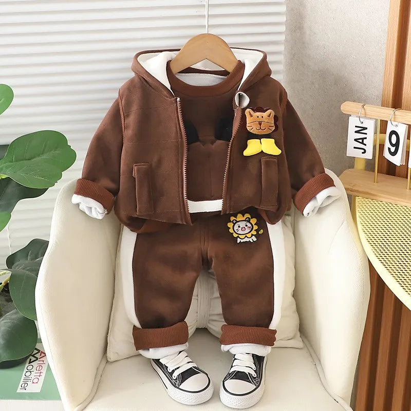 Baby Boys Clothing Set Autumn Winter Cartoon Lion Fleece Thick Hooded Jacket Coat Pants 3Pc Suit for 1-4 Years Kids Warm Outfits Good Vibrations