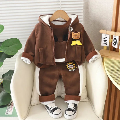 Baby Boys Clothing Set Autumn Winter Cartoon Lion Fleece Thick Hooded Jacket Coat Pants 3Pc Suit for 1-4 Years Kids Warm Outfits Good Vibrations