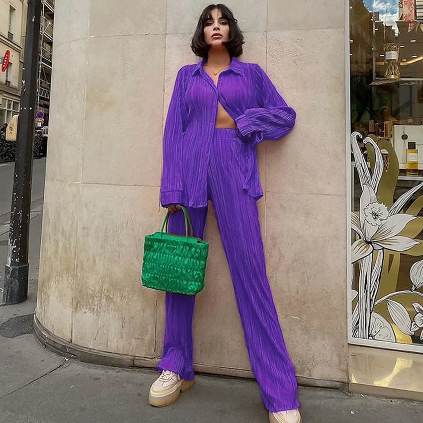 New Two Piece Set Women Outfits Pleated Women's Elegant  Drape Loose Sets Shirt High Waist Trousers Female Suit Fashion Casual Good Vibrations