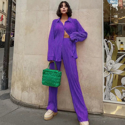 New Two Piece Set Women Outfits Pleated Women's Elegant  Drape Loose Sets Shirt High Waist Trousers Female Suit Fashion Casual Good Vibrations