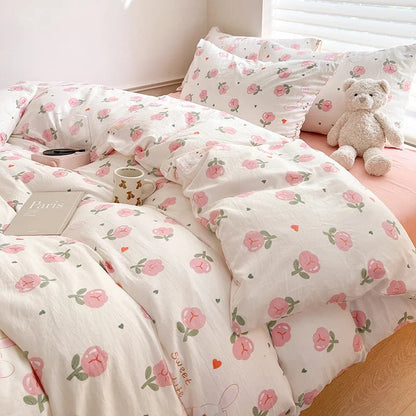 Ins Simple Flower Bed LinenTwin Full Queen King Size Bed Sheets Set  Adults Kids Floral Bed Comforter Sets Bed Duvets Kawaii Good Vibrations