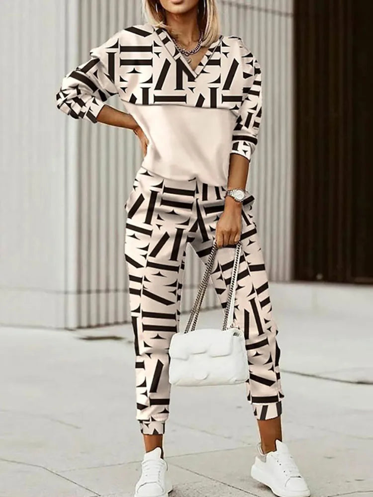 Spring Autumn Lady Casual Long Pants Suit Women Patchwork Zip Top Print Trousers Set Loose High Waist Pants Two Piece Set Outfit Good Vibrations