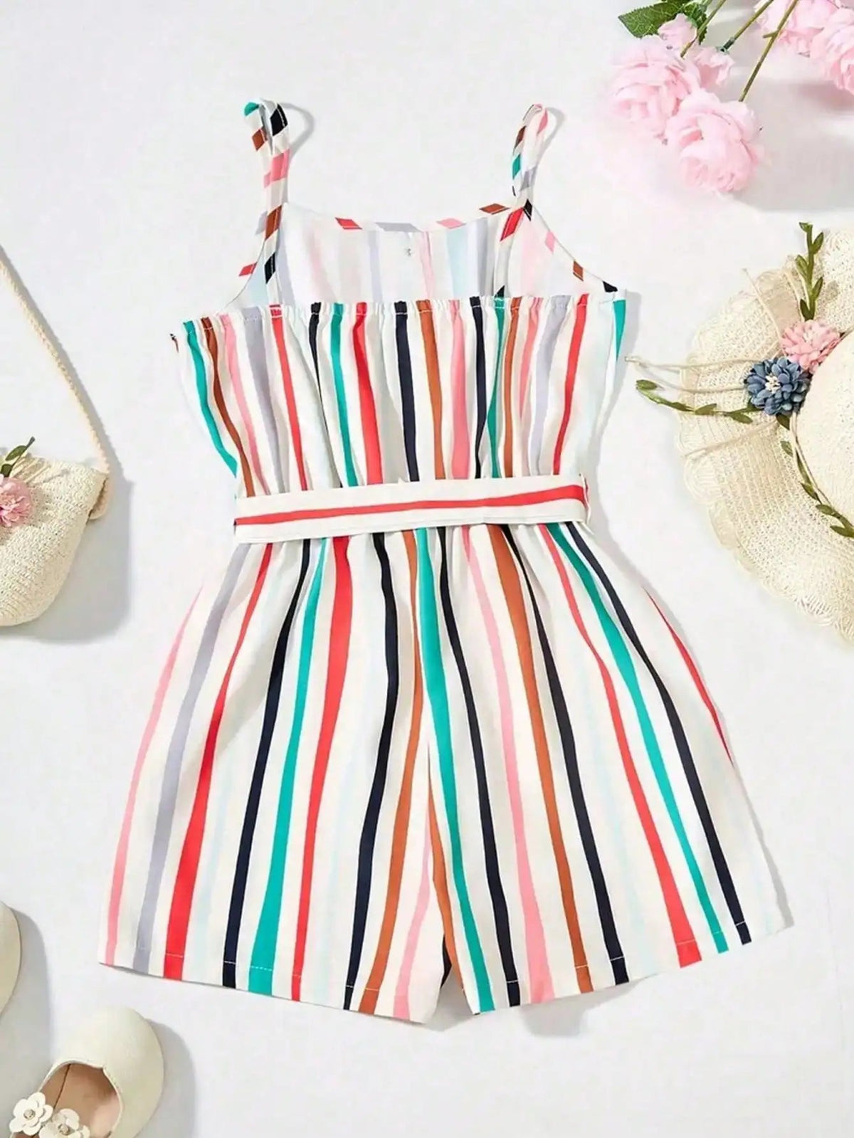 2026 children's clothing girls summer cute colorful striped casual button sleeveless suspender jumpsuit shorts Good Vibrations