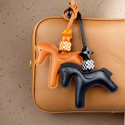 Chic PU Leather Pony Bag Charm, Lucky Clover & Checkered Bead Pendant, Y2K Boho Purse Accessory, Gift for Her Good Vibrations