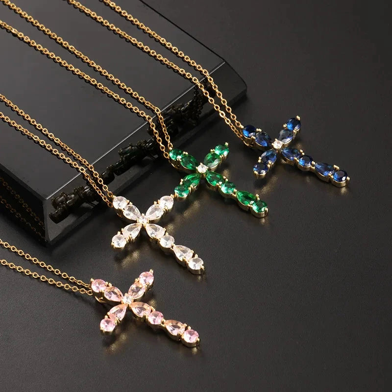 Classic Bright Jewelry Cross Necklace Fashion Personality Innovative Colorful Water Drop Geometric Cross Pendant Lucky Gift Good Vibrations