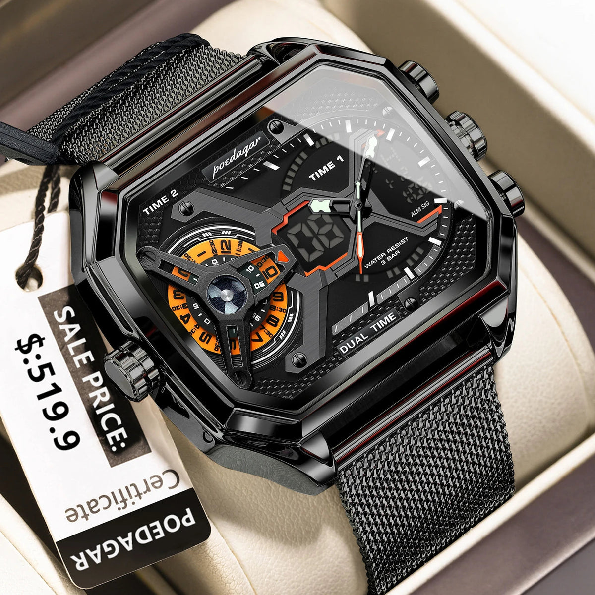 POEDAGAR Top Fashion Men Clock Rectangle Waterproof Date Week LED Man Watch Electronic Mesh Stainless Steel Quartz Men's Watches Good Vibrations