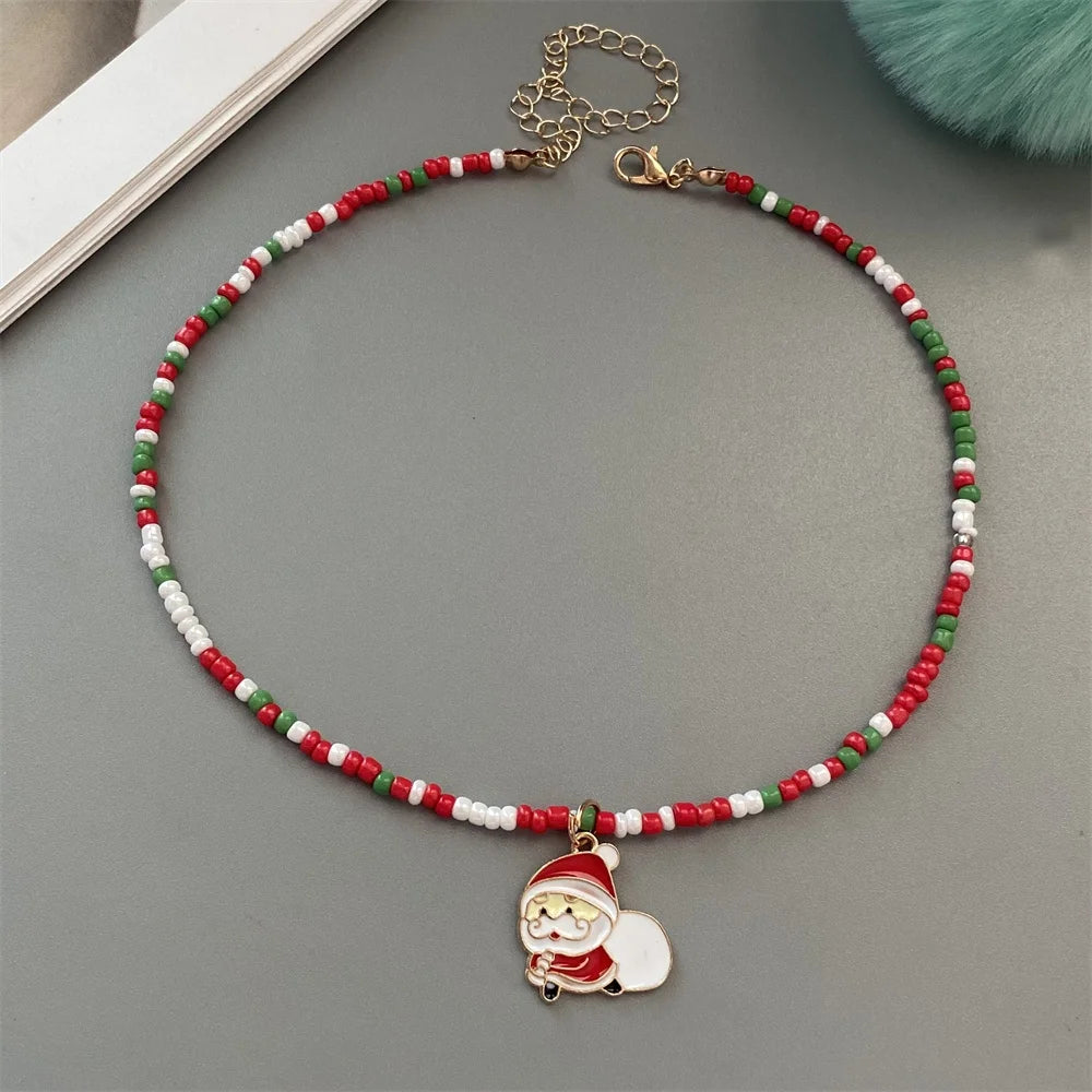 Christmas Necklaces for Women Girls Handmade Rice Beads X'mas Tree Santa Claus Snowman Gift Necklace Pendant New Year Jewelry Good Vibrations
