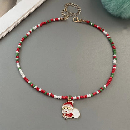 Christmas Necklaces for Women Girls Handmade Rice Beads X'mas Tree Santa Claus Snowman Gift Necklace Pendant New Year Jewelry Good Vibrations